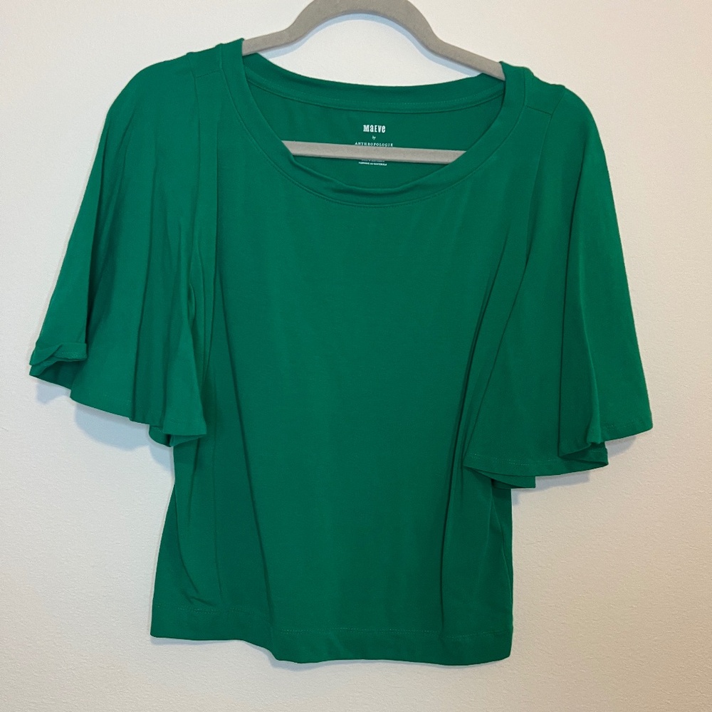 Maeve by Anthropologie Green Flutter Sleeve Tee - Size Small